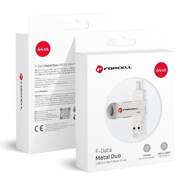 Forcell Pendrive 64 GB USB 3.2 Gen 1 (USB-A/USB-C) - Sølv