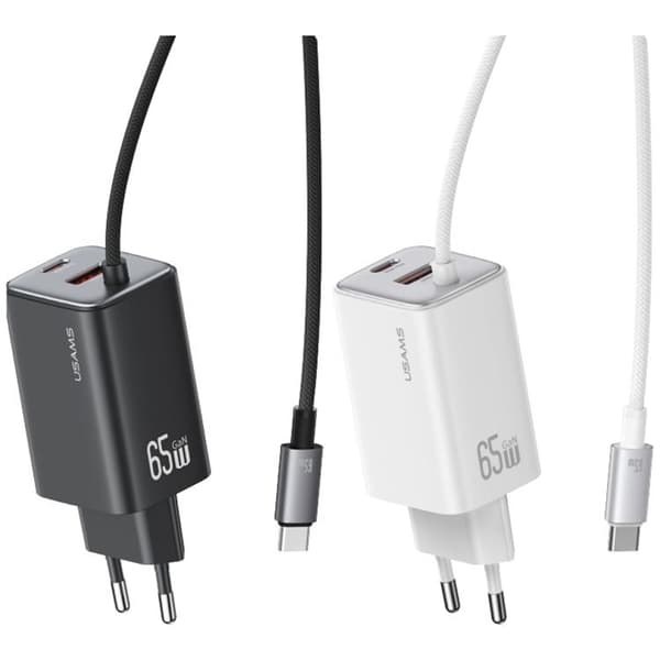 USAMS Snabbladdare 65W 2xUSB-C 1xUSB-A GaN JC - Vit