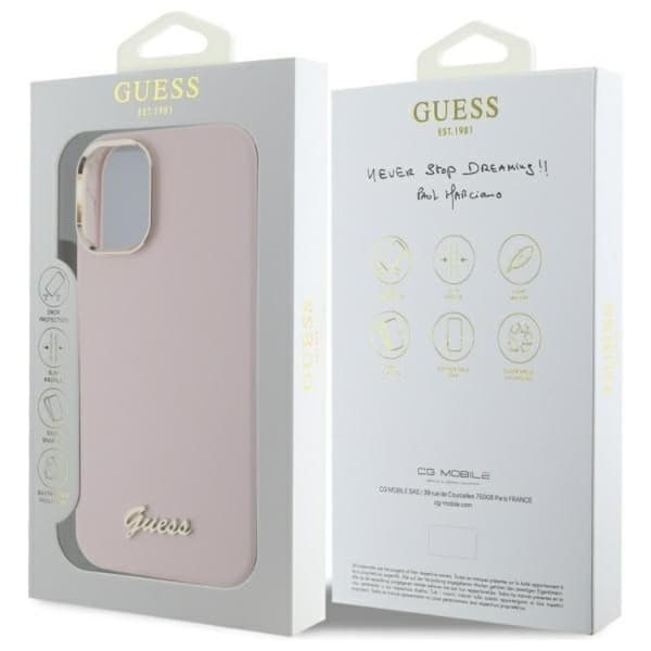 Guess telefontaske til iPhone 16 Silicone Script Metal Logo - Lyserød