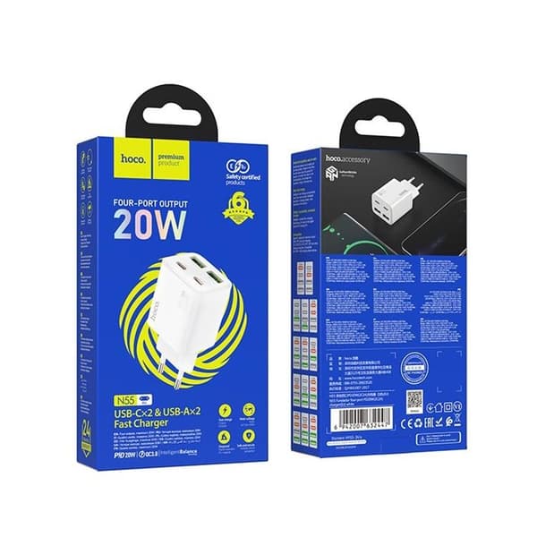 Hoco Hurtigoplader PD 30W 2xUSB-A 2xUSB-C QC3.0 3A N56 - Hvid