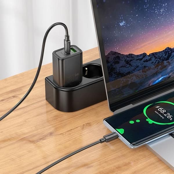 Hoco Hurtigoplader 30W 1xUSB-A 1xUSB-C med USB-C Kabel N63 - Sort