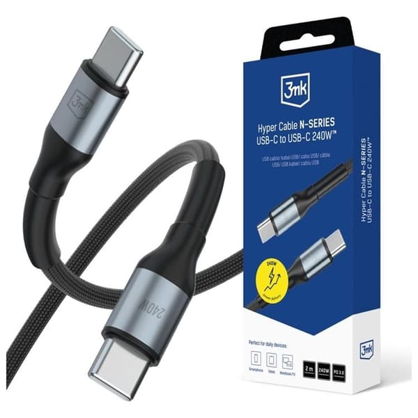 3MK USB-C–USB-C 240W kaapeli 48V/5A 2m N-SARJA Hyper - Musta