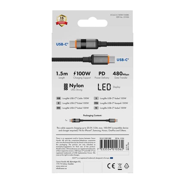X2O Longlife LED-display 100W USB-C/C-kabel 1,5 m sort