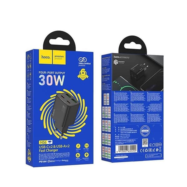 Hoco Hurtigoplader PD 30W 2xUSB-A 2xUSB-C QC3.0 3A N56 - Sort