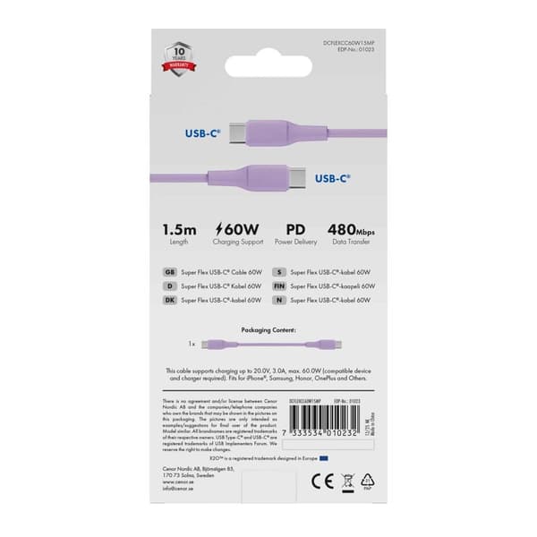 X2O SUPERFLEX 60W USB-C/C-kabel 1,5 m rosa