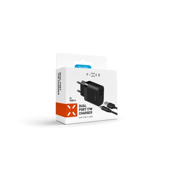 FIXED Hjemmeoplader 2x USB-A 17W/USB-C kabel 1m Sort