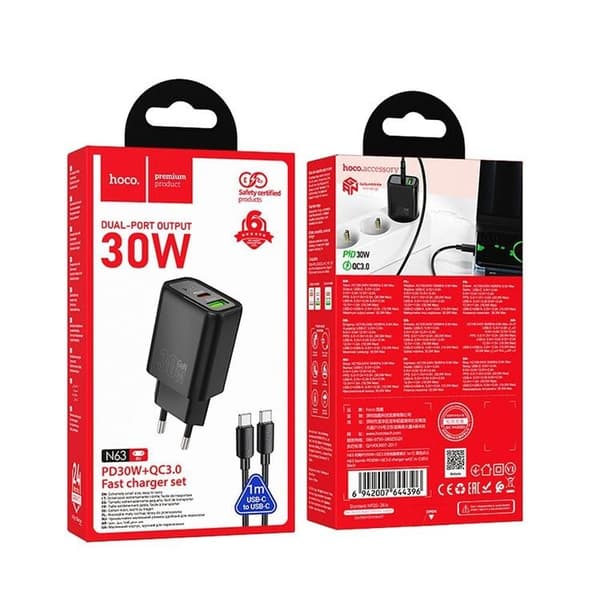 Hoco Hurtigoplader 30W 1xUSB-A 1xUSB-C med USB-C Kabel N63 - Sort