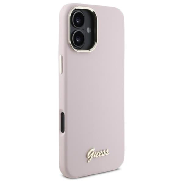 Guess Mobilskal till iPhone 16 Plus Silikon Script Metal Logo - Rosa