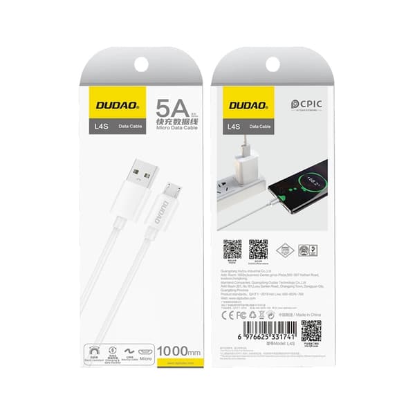 Dudao-kaapeli USB-A - Micro-USB 5A 1m L4SM - Valkoinen
