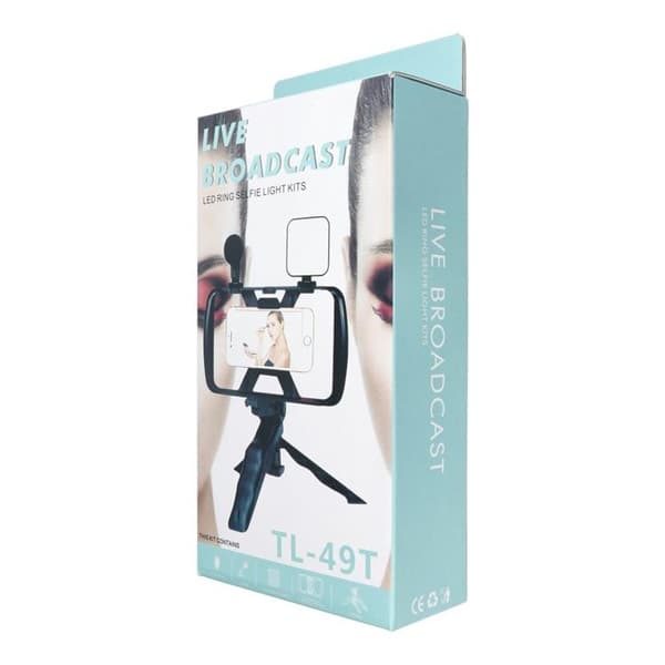 Selfie Stick med stativ til live udsendelse med LED-blitz og mikrofon