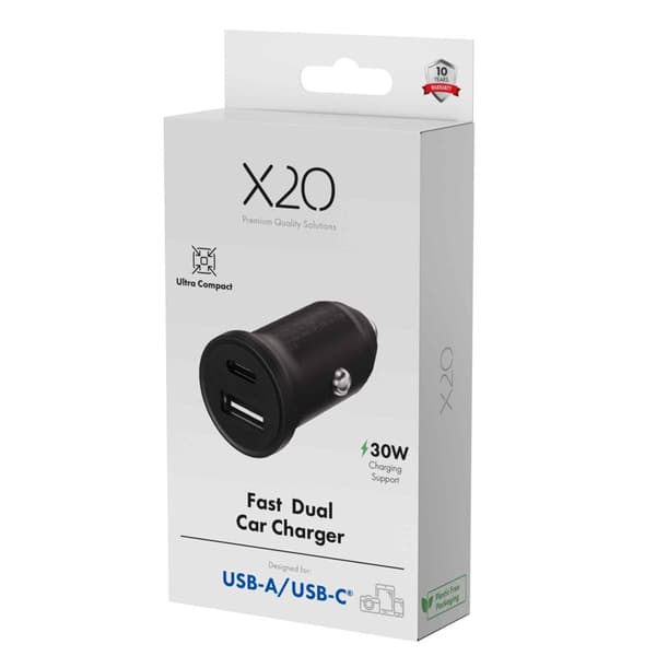 X2O 30W dobbelt biloplader USB-C/A sort