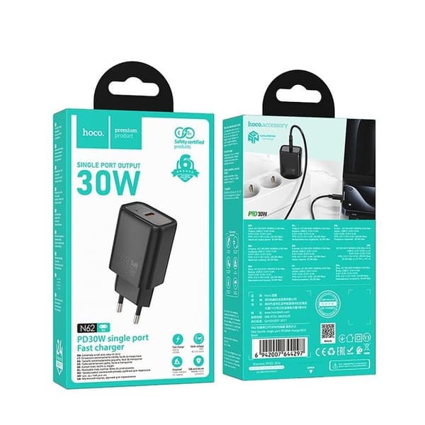 Hoco Hurtigoplader 30W USB-C GaN PD QC N62 - Sort
