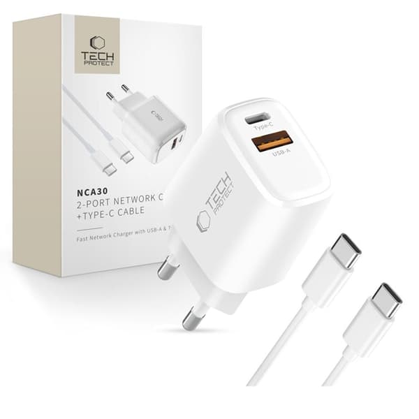 Tech-Protect Seinälaturi 30W USB-C-USB-C-kaapelilla - Valkoinen
