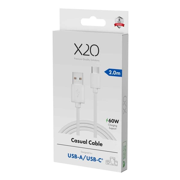 X2O Basic USB-A/C 60W -kaapeli 2 m valkoinen