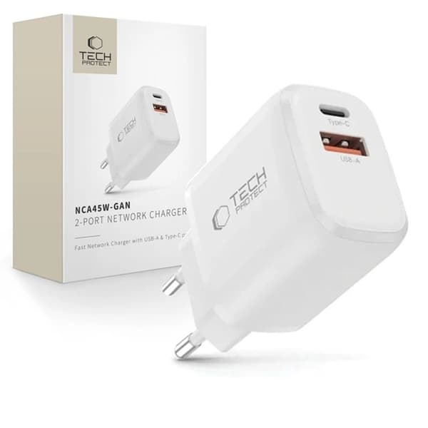 Tech-Protect Vægoplader USB-C/USB-A 45W - Hvid