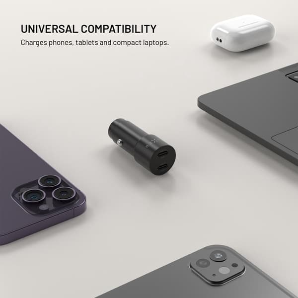 FIXED Superhurtig 65W 2x USB-C biloplader Sort