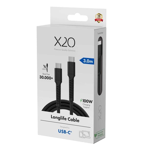 X2O Longlife 100W USB-C/C-kabel 3 m sort