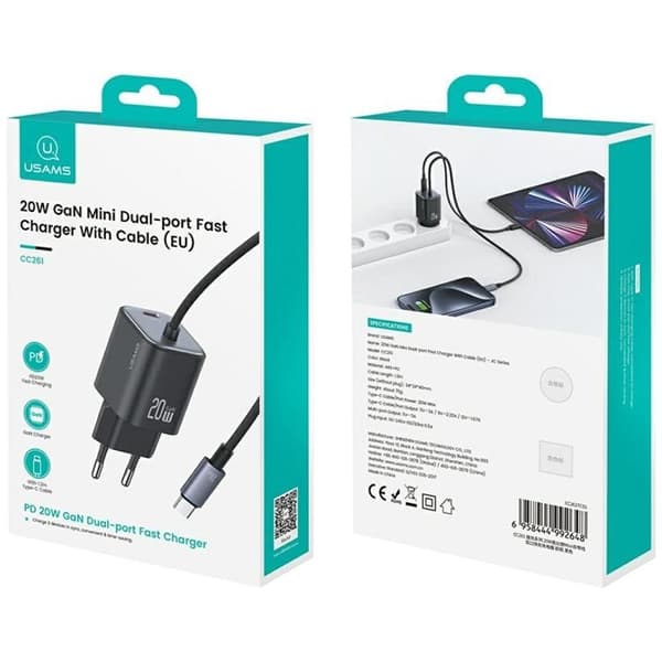 USAMS Hurtigoplader 20W 2xUSB-C GaN Mini JC - Sort