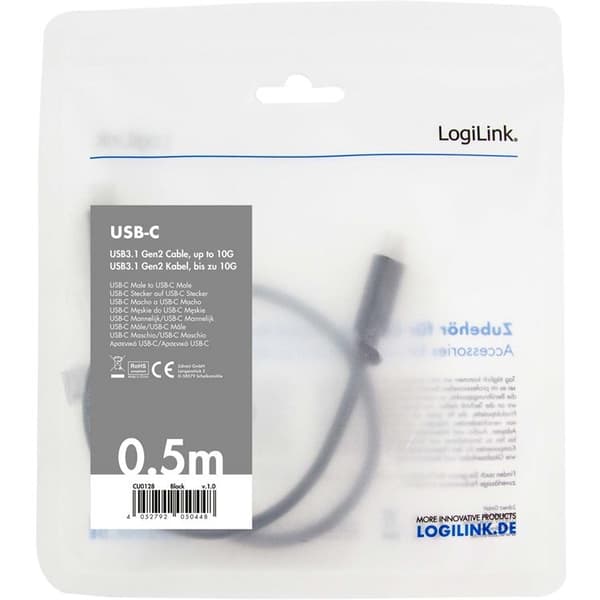Logilink USB-C–USB-C-kaapeli 0.5m 100W - Musta