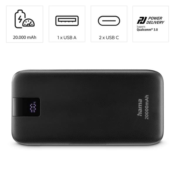 HAMA Powerbank PD 20000mAh 2xUSB-C+1xUSB-A Antrasiitti