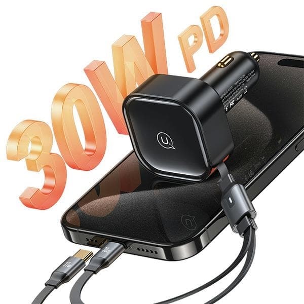 USAMS C41 biloplader 30W 2xUSB-C med kabel - sort