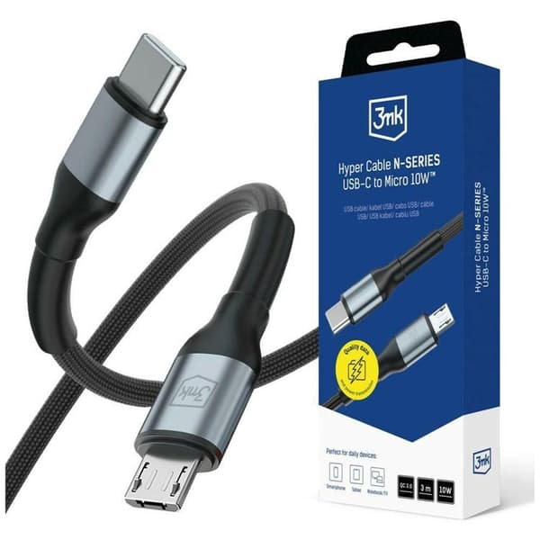 3MK USB-C–Micro-USB 10W kaapeli 5V/2A 3m N-SARJA Hyper – Musta