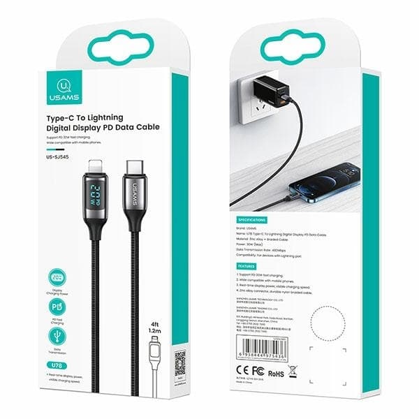 USAMS Flätad kabel U78 USB-C–Lightning LED 1,2m (US-SJ545) - Vit