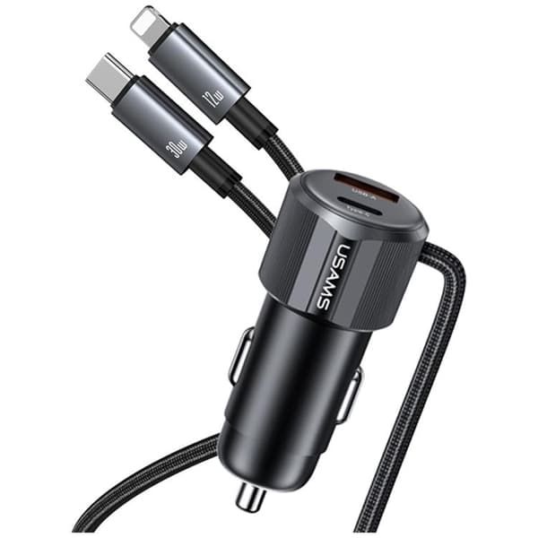 USAMS biloplader 66W 1xUSB-A 1xUSB-C med USB-C/Lightning-kabel