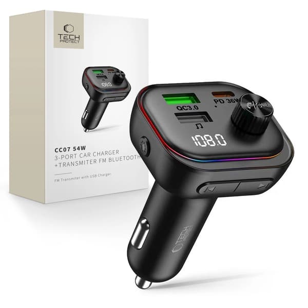 Tech-Protect Biloplader CC07 3-Port PD 54W + FM Bluetooth-sender - Sort