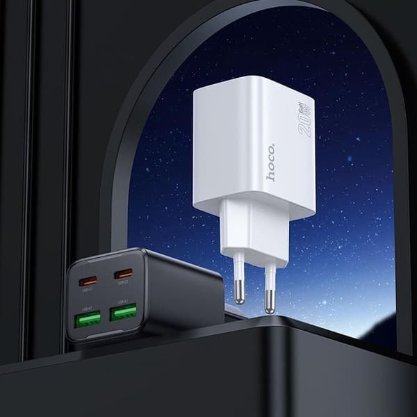 Hoco Hurtigoplader PD 20W 2xUSB-A 2xUSB-C QC3.0 3A N55 - Sort