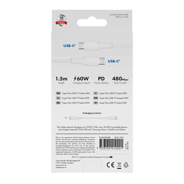 X2O SUPERFLEX 60W USB-C/C-kabel 1,5 m vit