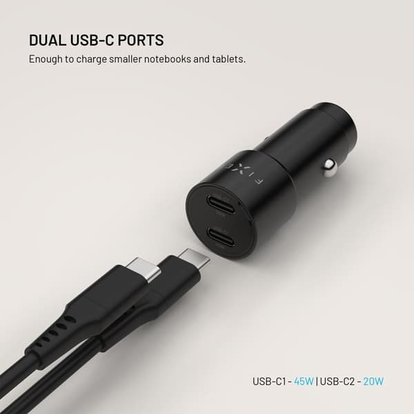 FIXED Superhurtig 65W 2x USB-C biloplader Sort