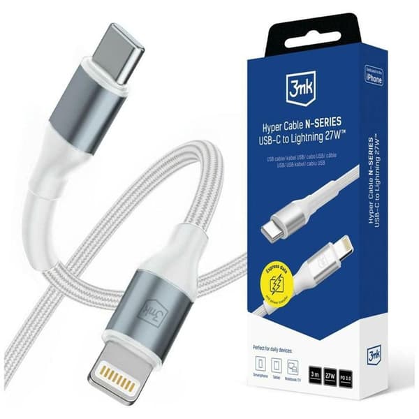 3MK USB-C til Lightning 27W Kabel 9V/3A 3m N-SERIES Hyper - Hvid