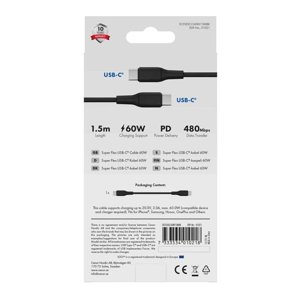 X2O SUPERFLEX 60W USB-C/C-kabel 1,5 m sort