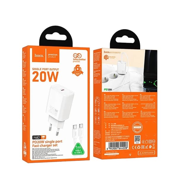Hoco Seinälaturi Type C Plus USB-C - USB-C Kaapeli 20W - Valkoinen