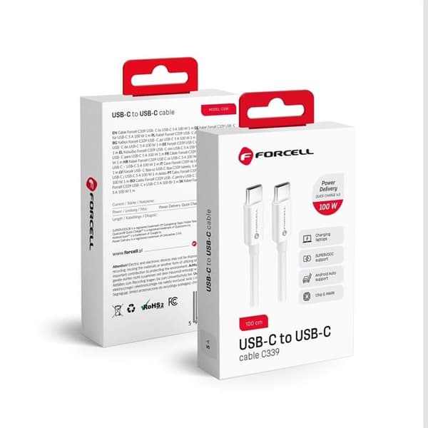 FORCELL USB-C till USB-C kabel 1m QC4.0 5A/20V PD100W - Vit