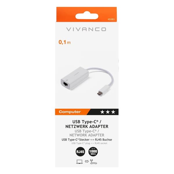 Vivanco USB-C -> RJ45 1000Mbps netværksadapter 0,1m Hvid