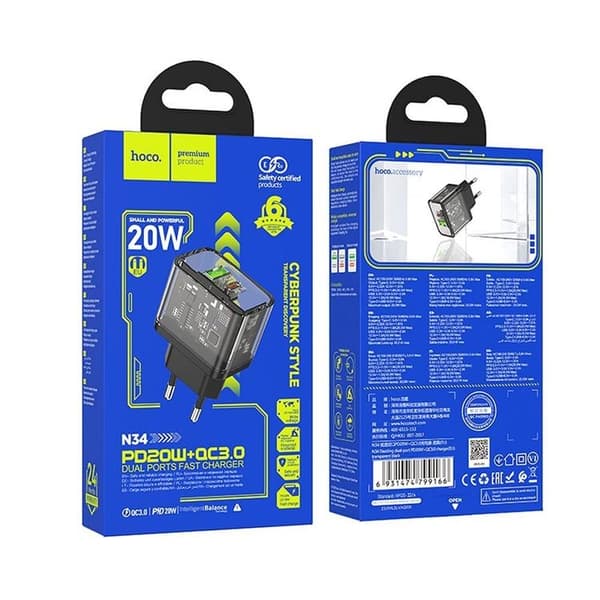 Hoco Hurtigoplader PD 20W USB-A USB-C QC3.0 3A N34 - Sort
