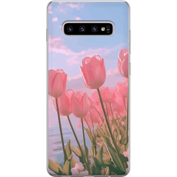 Telefontaske til Samsung Galaxy S10+ med lyserøde tulipaner