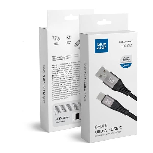 Blue Star USB-C–USB-A-kaapeli 1,2 m – musta