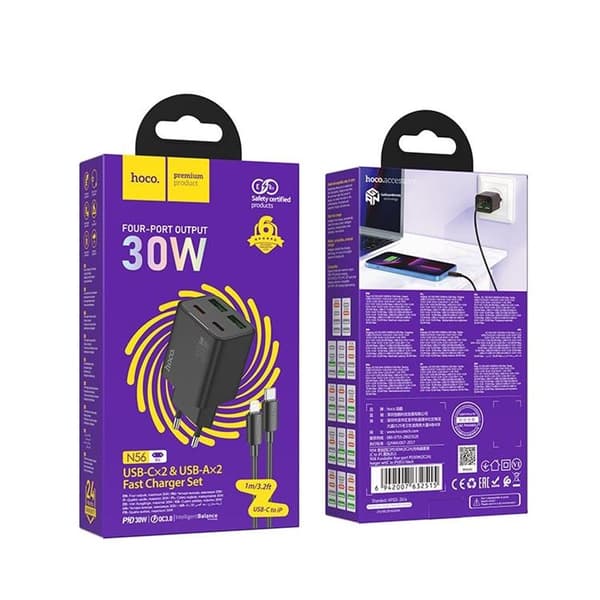 Hoco Hurtigoplader PD 30W 2xUSB-A 2xUSB-C QC3.0 3A med lynkabel N56