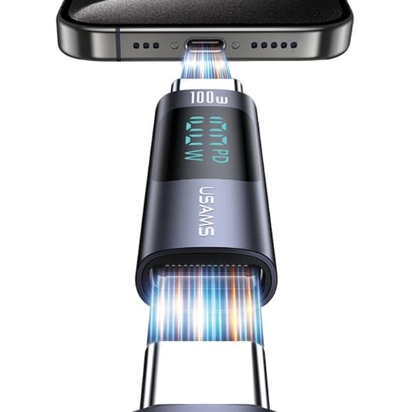 USAMS USB-C–USB-C-adapter 100W näytöllä – Teräs