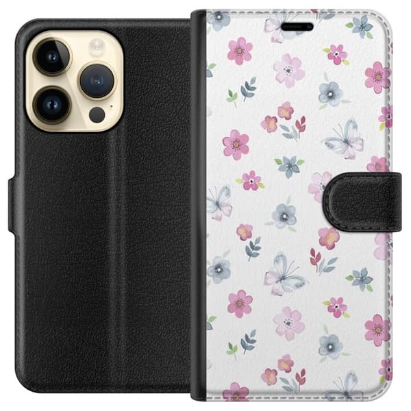 Apple iPhone 15 Pro tegnebog med blomster og sommerfugle