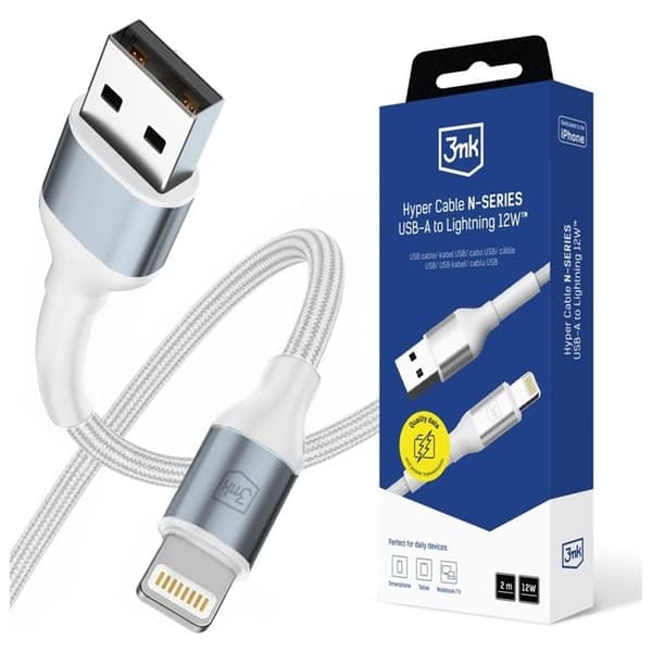 3MK USB-A til Lightning 12W kabel 5V/2.4A 2m N-SERIES Hyper - Hvid