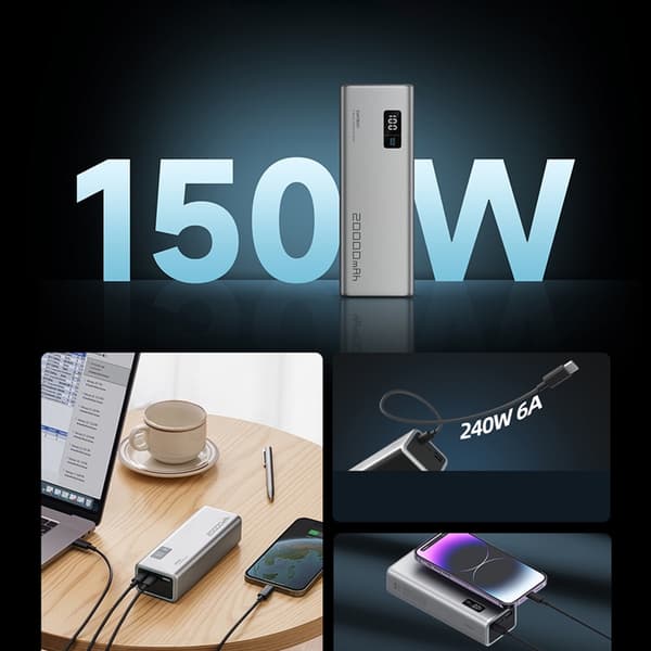 Cuktech Powerbank 20000mAh 150W 2xUSB-C USB-A - Grå