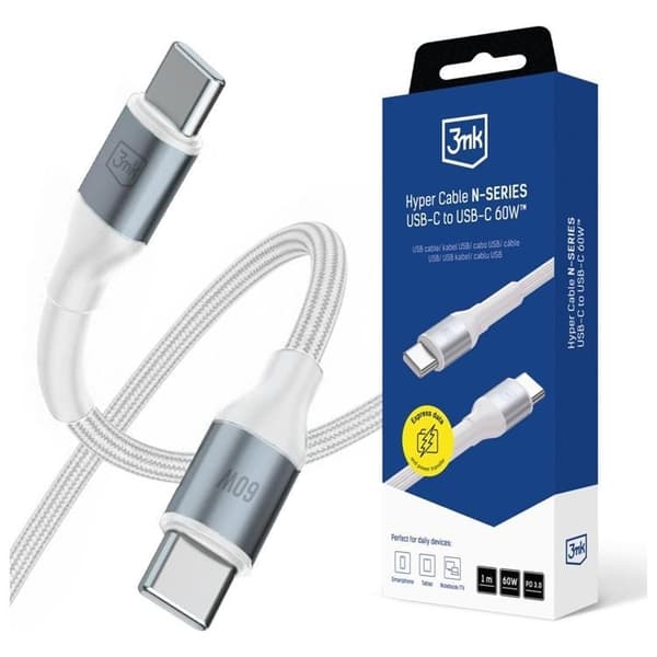 3MK USB-C–USB-C 60W kaapeli 20V/3A 1m N-SERIES Hyper - Valkoinen