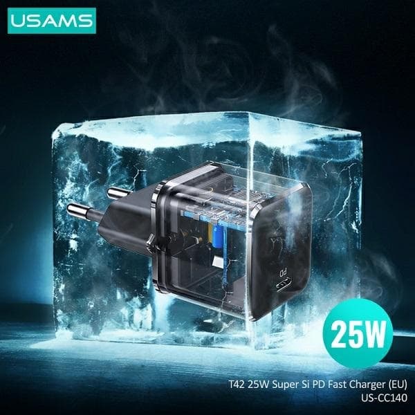 USAMS Vægoplader 1xUSB-C T42 Mini 25W Super SI PD3.0 Sort