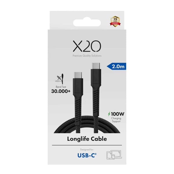 X2O Longlife 100W USB-C/C-kabel 2 m sort