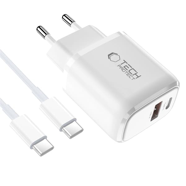 Tech-Protect vægoplader 30W med USB-C til USB-C kabel - hvid