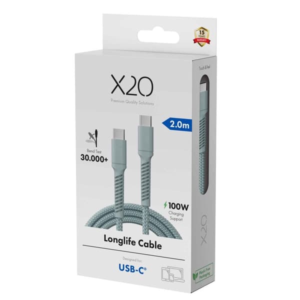 X2O Longlife 100W USB-C/C-kabel 2 m molnblå
